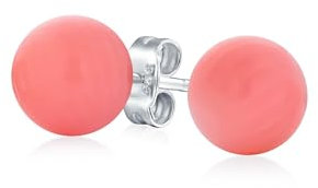 Orecchino A Perno In Corallo Rosa Naturale A Forma Di Sfera Rotonda Semplice. Argento Sterling .925 Diametro 6 Mm Per Donne
