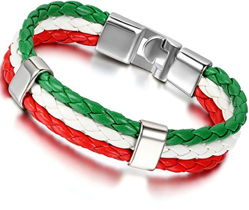Flongo Men's Biker Red White Green Italy Italian Banner Flag Braided Football Leather Cuff Bracelet Bangle, 8.3 inches