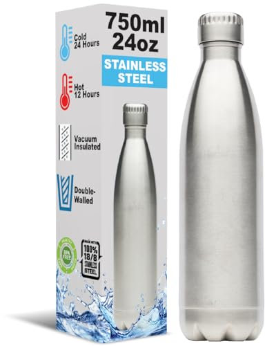 Inspired Home Living Water Bottle Stainless Steel (750ml / 24oz) - Double-Wall & Vacuum Insulated - Sterling Silver Canteen Flask No Bpa Or Toxins
