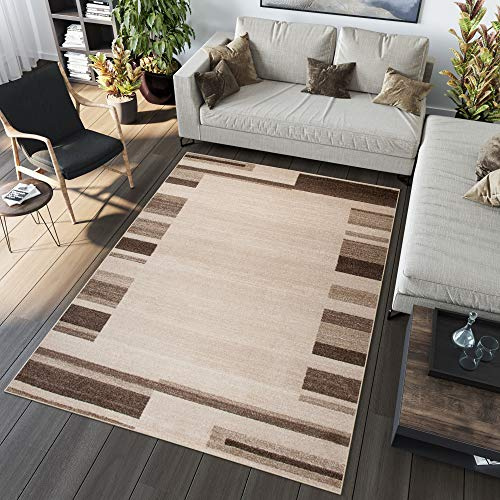 TAPISO Sari Teppich Kurzflor Modern Beige Braun Streifen Gestreift Design Bordüre Meliert Verwischt Wohnzimmer Schlafzimmer ÖKOTEX 60 x 100 cm