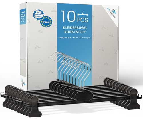 RSR Hangers Hosenbügel Hosenspanner 10 Stück Kleiderbügel Kunststoff 28 cm | rutschfeste gummierte und verstellbare Klammern | 360° drehbarer Haken | platzsparend