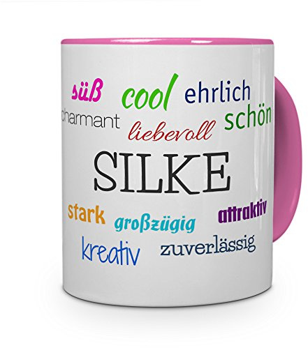 printplanet Tasse mit Namen Silke - Positive Eigenschaften von Silke - Namenstasse, Kaffeebecher, Mug, Becher, Kaffeetasse - Farbe Rosa