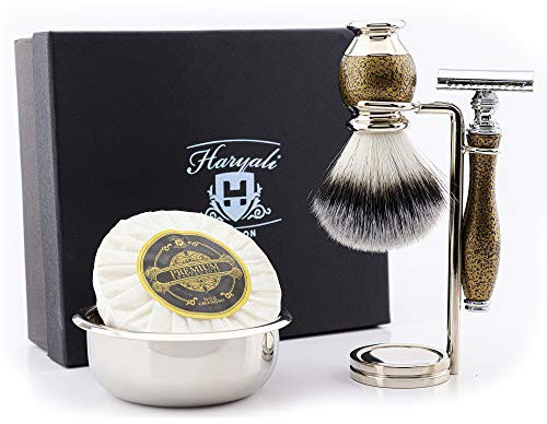 Klassisches 5-teiliges Rasierset für Herren - Goldener Antik-Look mit DE Rasierhobel mit synthetischem Dachshaar, Stand aus Edelstahl, Schüssel und Seife