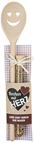 Hochwertiger Holz Kochlöffel Höhe 30 cm mit Gesicht und Gewürzmischung 15 Gramm sowie Rezeptidee in Geschenkform