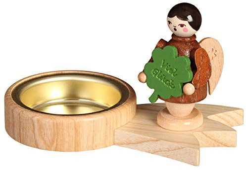 Volkskunstwerkstatt Unger Teelichthalter Sternschnuppe Engel - Echt Erzgebirge® (Kleeblatt - Viel Glück)