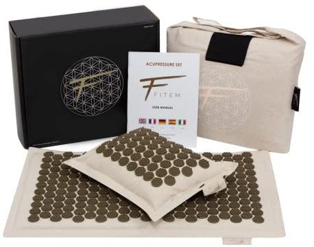 Fitem Akupressur-Set, hochwertig, umweltfreundlich, Akupressurmatte + Kissen + Tasche – lindert Schmerzen im Rücken und Nacken – Entspannung der Muskulatur - Patentierte
