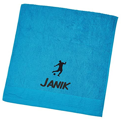 Wolimbo Duschhandtuch Bestickt mit Namen und Motiv - 70x140 cm - türkis - weiches Duschtuch personalisiert - Geschenk