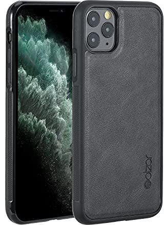 Molzar GripBig Series iPhone 11 Pro Max Hülle mit Kunstleder, integrierte Metallplatte für magnetische Autohalterung, kabellose Ladeunterstützung, kompatibel mit iPhone 11 Pro Max, Schwarz/Schwarz