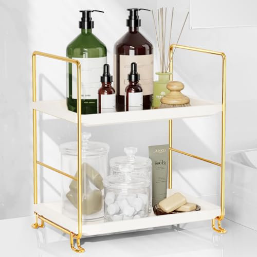FSyueyun Scaffale per trucco a 2 livelli, portaspezie da cucina o da bagno, vassoio portaoggetti per camera da letto (oro)