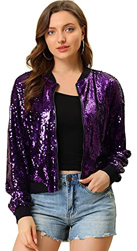 Allegra K Damen Glitzer Jacke Bomberjacke Pailletten Bomber Jacke Langarm Party Club Metallic Sequin Jacken Lila M