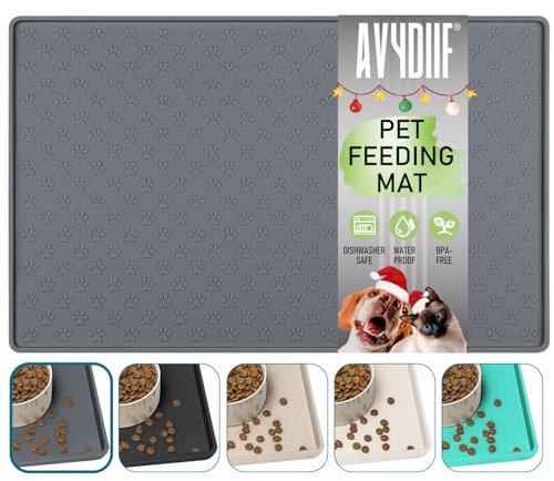 AVYDIIF Silicone Dog Cat Food Mat, Waterproof Slip Resistant Raised Edge Pet Feeding Mats, Pet Bowl Mat with High Lip, Anti-Messy and Prevent Spill on Floor, Dishwasher Safe (M: 48×30cm, Grey)