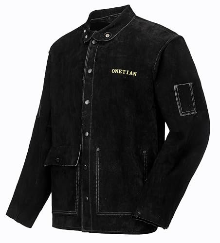 ONETIAN Giacca da saldatura in pelle nera, Cappotto protettivo per saldatore, Giacca di sicurezza sul lavoro FR, Resistente al calore e alla fiamma (XL)