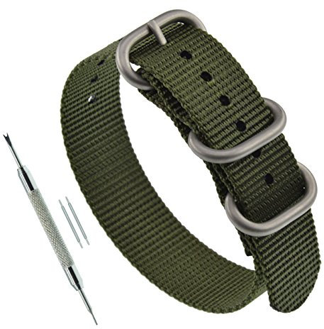 MZBUTIQ 20mm Schwarz Uhrenarmband Nylon Ersatz Extra Lang für Herren Matte Silberne Schnalle 3 Ringe