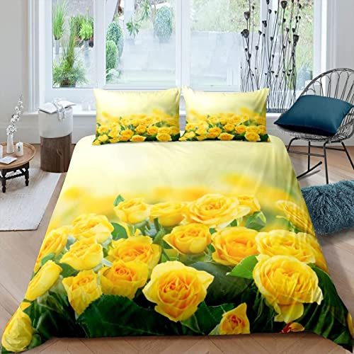 LUYAPOND Yellow Rose Bedding Double Bed Set, Luxury Soft Microfiber Bedding Set for Kids Teens Adult, 1 Quilt Cover 200x200 cm with Zipper and 2 Pillowcases 50x75 cm