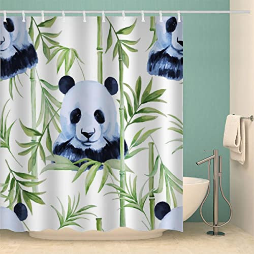 Lolosale Panda Bambus Duschvorhang Anti-Schimmel Süße Tiere 3D Motiv Textil Waschbar Duschvorhänge 120x180 cm mit 12 Duschvorhangringen für Badezimmer Badewanne Wasserdicht Badvorhang