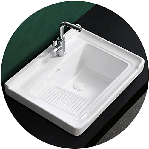 Fregadero De Cerámica Blanca Fregadero De Baño De Una Sola Cubeta con Balcón Tina De Lavado Cuadrada Semiempotrada con Tabla De Lavar Fácil De Limpiar (Color : Blanco, S : 62x48cm)