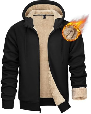 KEFITEVD Winterjacke Herren Warm Kapuzenjacke mit Fleece Gefüttert Winddicht Reißverschluss Sweatjacke Vielen Taschen Sportjacke für Jogging Wandern Schwarz XL