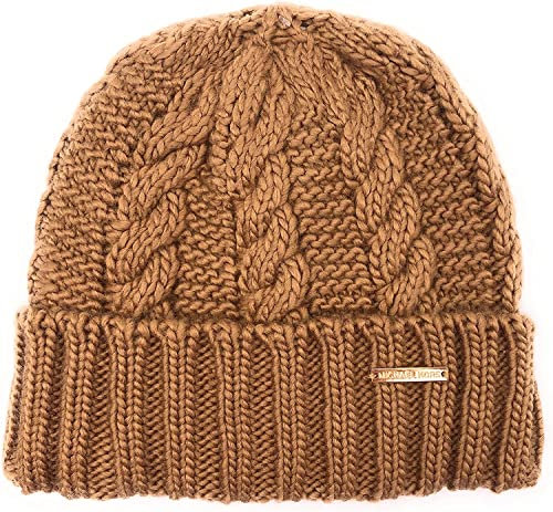 Michael Kors Mütze I Damenmütze I Beanie I Wollmütze I Wintermütze I One Size I Strickmütze I Zopfmuster I Weiche Acrylwolle I Logo (Braun)