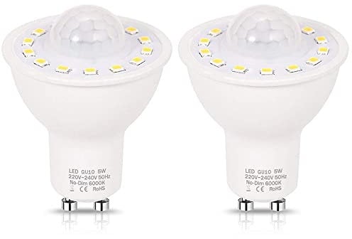 POKEAT 2Pcs GU10 PIR Motion Sensor Led Light Bulbs 5W 50W Equivalent 500Lm Day White 6000K And Warm White 3000K for Stairs Garage Corridor Walkway Hallway,Day White 6000K