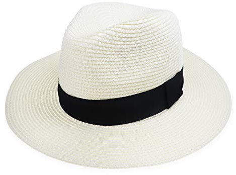 DRESHOW Women Straw Panama Hat Fedora Beach Sun Hat Wide Brim Straw Roll up Hat UPF 50+, Panama Ivory V2
