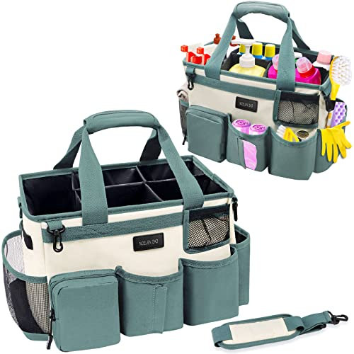 Noelen Gad Wearable Cleaning Caddy Bag,Cleaning Supply Tote for Cleaning Supplies, Cleaning Organizer with Adjustable Shoulder and Waist Straps for Cleaners & Housekeepers (Large, Green White)