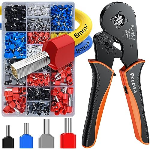 Pinza Crimpatrice Capicorda,Preciva Set di pinze a crimpare a doppio filo 0,08-16mm² Set di pinze a filo con 1200 puntali a doppia e singola estremità per fai da te e uso industriale