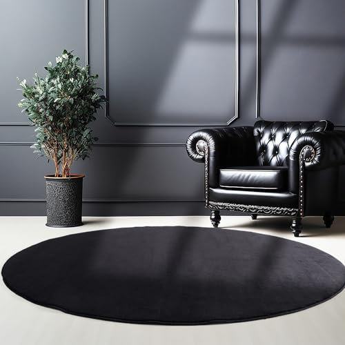 SIMPEX Teppich Wohnzimmer Schlafzimmer Esszimmer Läufer Flur Flauschiger Teppich Waschbar rutschfest Soft Weich Carpet Kurzflor Größen, Schwarz, 200 cm Rund