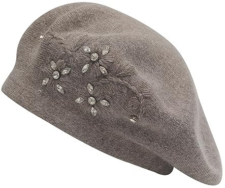 ZLYC Damen Wolle Baskenmütze Klassische Französischen Barett Warm Beret Mütze(Gestickte Blumenranke Bräunlich)