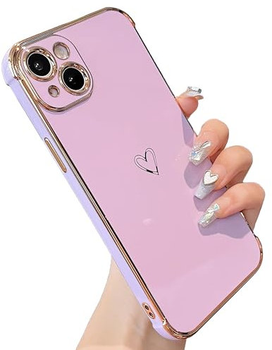 ZTOFERA Compatible with iPhone 15 Plus (6.7) Case for Girls Women, Flexible Silicone Protective Phone Case with Cute Love Heart Pattern Gold Edging Shockproof Bumper Cover, Purple