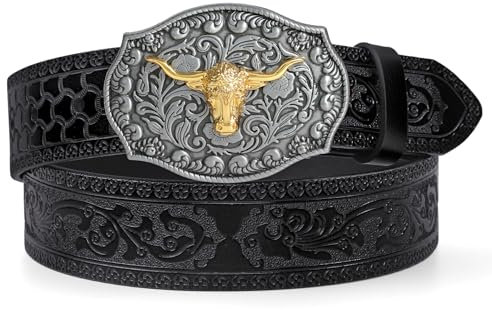 LEACOOLEKY Western Cowboy Gürtel für Männer Longhorn Stier-Schnalle Gürtel 3.8cm breit Floral graviert geprägter Ledergürtel