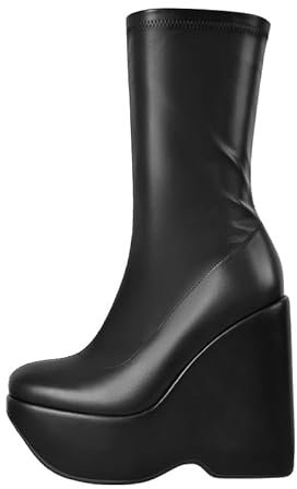blingqueen Damen Stiefeletten Plateau Stretch Booties Keilabsatz Stiefel Schwarz Lederoptik 41 EU