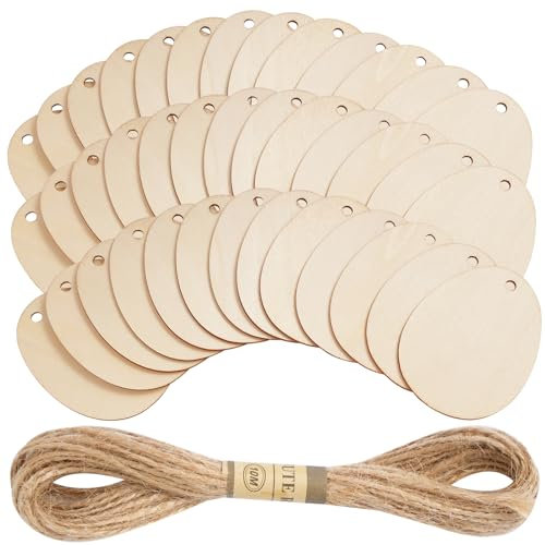 DLUSZERT 40 Stück Ostern Holzanhänger, 8cm Holz Ostereier Deko mit 10M Schnur, Osteranhänger Eier zum Bemalen, Holzscheiben Ostern Eier mit Loch zum Aufhängen, Holzeier für DIY Basteln Baumschmuck