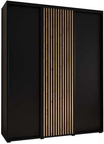 MEBLE KRYSPOL Lanko 1 Schrank mit DREI Schiebetüren mit Stange, Regale - Moderner Aufbewahrungsschrank für Schlafzimmer, Wohnzimmer - 235,2x200x45 cm - Schwarz Schwarz Artisan