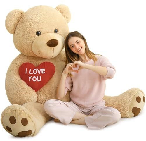 MorisMos 150cm riesen Teddy mit Herz, Hellbraun groß teddybär XXL, kuschelig Kuscheltier Plüschbär XXXL, Geburtstag Geschenk für Freundin Mädchen Kinder