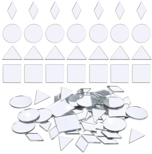 Piriuuo 120 Pcs Small Mirrors for Crafts, 4 Shapes Mirror Pieces for Crafts DIY Mirror Mosaic Tiles Triangles/Squares/Rounds/Rhombus Glass Tiles 1 Inch Mirror Tile for Disco Balls Crafts Supplies