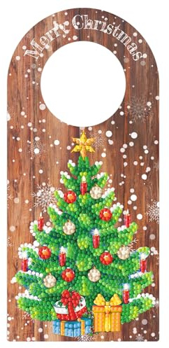 5D Diamond Dots Wood Christmas Door Knob Hanger Ornaments DIY Kit Diamond Art Painting Christmas Tree Hanging Sign Doorknob Pendant Special Shaped Crystal Paint by Number Stitch Room Front Door Decor