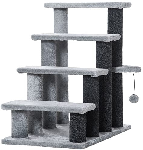 PawHut Escaleras para Gatos de 4 Escalones Escaleras para Mascotas Árbol Rascador para Gatos Pequeño con Poste Rascador Bola Colgante 60x40x64 cm Gris