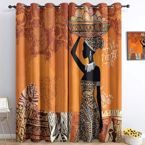 CozyRest 2 Stück Gardinen mit Ösen, Druck Afrikanische Kunst Vorhänge, H160 x B70cm Afrikanische Stammesfrauen Verdunkelungsvorhänge, blickdichte Vorhänge für Fensterdekoration im Schlafzimmer
