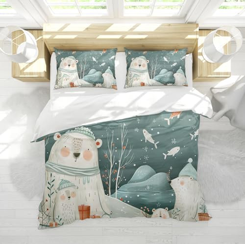 OLLIAR Home Weihnachten Thema Bettbezug Eisbären Maulwurf Fisch Tiermuster Bettbezug Sets Weich und atmungsaktiv 3PCS Bettwäsche Set 2 Kissenbezüge 260x220cm