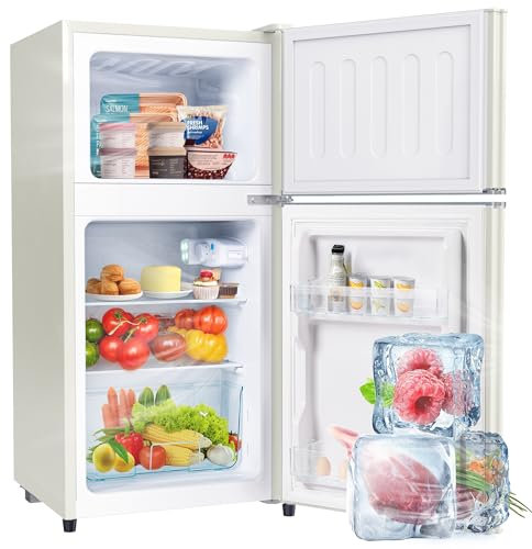 Merax Kühlschrank mit Gefrierfach, Kühl-Gefrierkombination, 60 Liter Doppeltür Kühlschrank, 22L Gefrierschrank, 45dB, LED, Glasablagen， Gemüsefach, Türablagen, für Familie, Büro, Restaurant, Cremeweiß