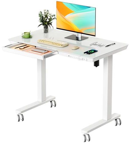JYLH JOYSEEKER Glass Small Standing Desk with Drawer, 35 x 20 Whole Piece Tabletop Electric Sit Stand Desk, Height Adjustable Desk with Storage & USB Ports, Quick Install Home Office Computer Desk