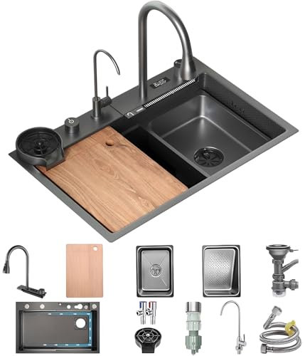 Küchenspüle Wasserfall 85 x 50 cm,1 Becken spüle,Spülbecken Edelstahl Schwarz Grau,inkl Ausziehbar temperaturanzeige Wasserhahn,2 Abtropfkorb,Schneidebrett,Seifenspender,Gläserspüler,Siphon