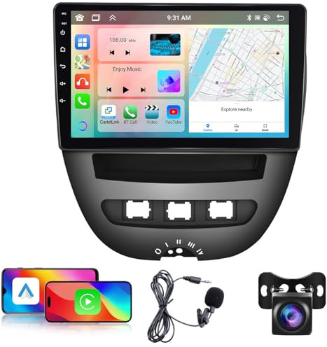 Podofo 10,1 Zoll Autoradio für Peugeot 107/Citroen C1/Toyota Aygo, kabelloses Carplay, Android Auto, 8 Core 4G+64G, DSP/Bluetooth/WiFi/Mirror Link/GPS+Rückfahrkamera