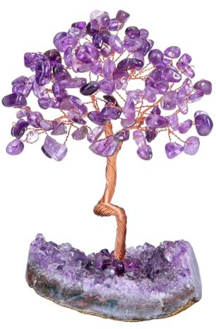 Jovivi Cadeau Fête des Mères 10-13cm DIY Arbre de Vie Pierre Naturelle sur Amas de Cristal de Roche Fengshui Tree Porte Bonheur Bibelot Décoration de Bureau Maison et Domicile (améthyste)