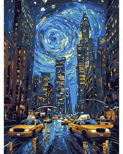 QENSPE Pintar por Numeros Adultos, DIY Pintura por Números, Kit de Pintura al óleo de Lienzo para con Pinceles, Paint by Numbers Kit 40 x 30cm, Ciudad Noche estrellada