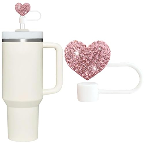 Bling Hearts Straw Covers Cap for Stanley Cup, Bling Diamond Rhinestone, 10mm Silicone Toppers, Straw Topper Compatible for Stanley 30&40 Oz Tumbler with Handle, Reusable Straws (Pink)