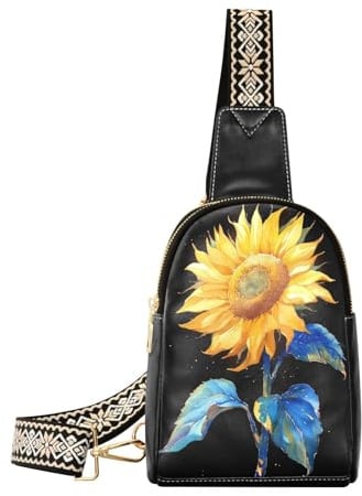 Sac banane tendance en cuir noir avec motif tournesols pour randonnée, peinture artistique tournesol, taille 1, Peinture d'art tournesols, 1 size