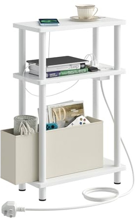 APICIZON Narrow Side Table, 3 Tier Bed Side Table, Slim End Table with Charging Station, for Living Room, Bedroom, Small Nightstand with Magazine Rack, White(with a storage box and charging station)