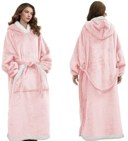 Standard Size Wearable Hoodie Blanket Soft Sherpa Fleece with Big Pocket & Adjustable Belt, Warm Cosy Adult Blanket for Home, Unisex Gift for Men & Women, Light Pink