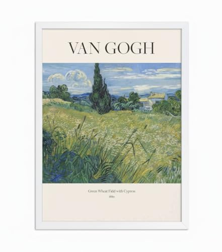 Close Up Vincent van Gogh Kunstdruck Grüne Weizenfelder mit Zypresse auf Leinwand oder Papier, verschiedene Formate wählbar, 50 cm x 70 cm, Weißer Rahmen